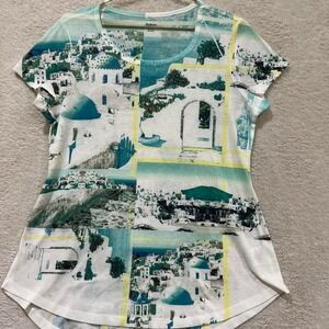 blue, white and  yellow Greece print t shirt size large Style & Co